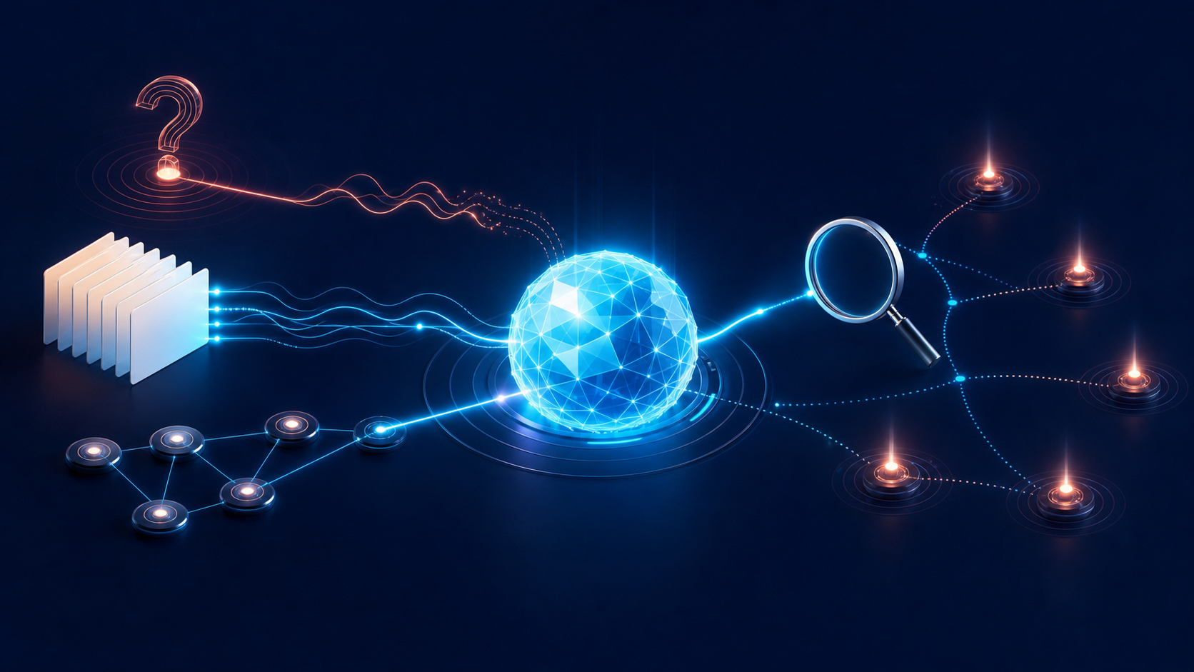 A glowing faceted sphere is connected to evidence cards, source nodes, signal waves, verification tools, and corroboration beacons on a dark background.