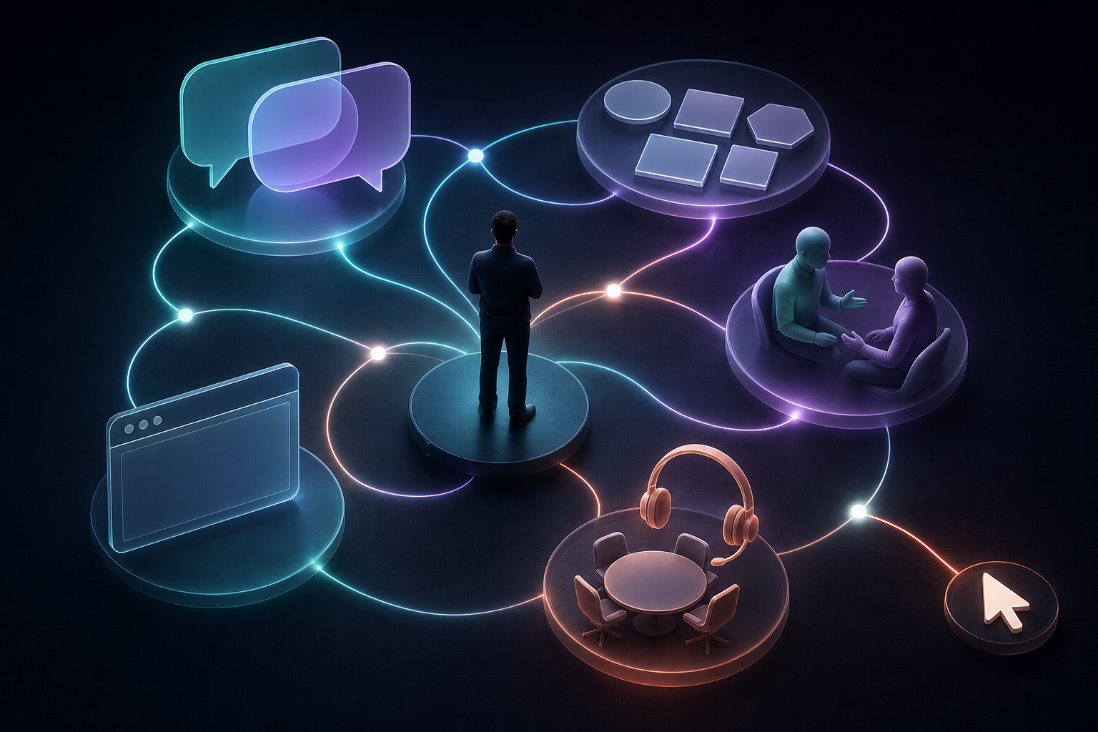A buyer is surrounded by connected AI, content, peer, website and sales touchpoints arranged in a looping journey.