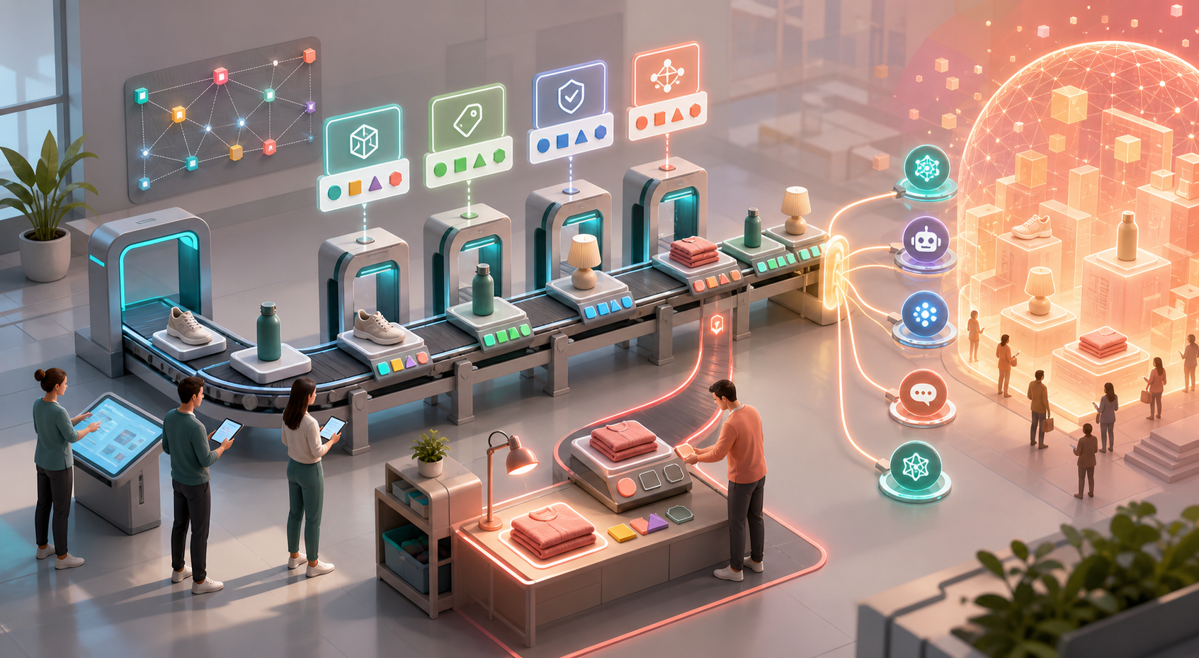 Unbranded products move through linked data-validation stations before reaching digital answer channels and online shoppers.