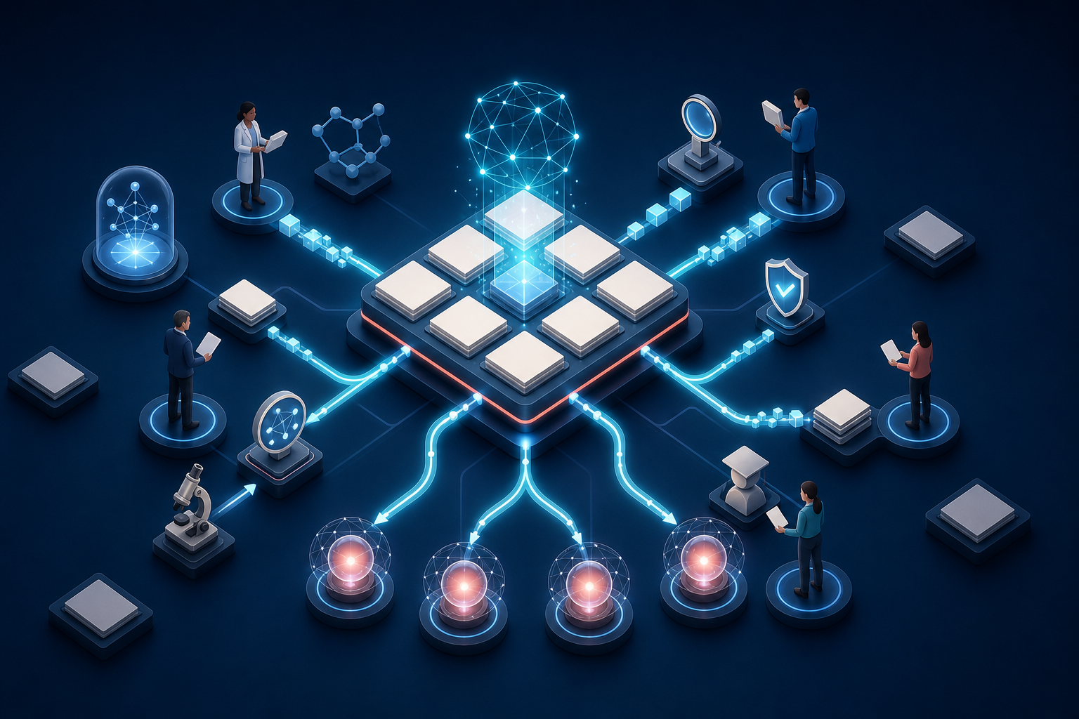 A modular knowledge hub connects blank document tiles, research materials, experts, independent source nodes, and glowing answer orbs.