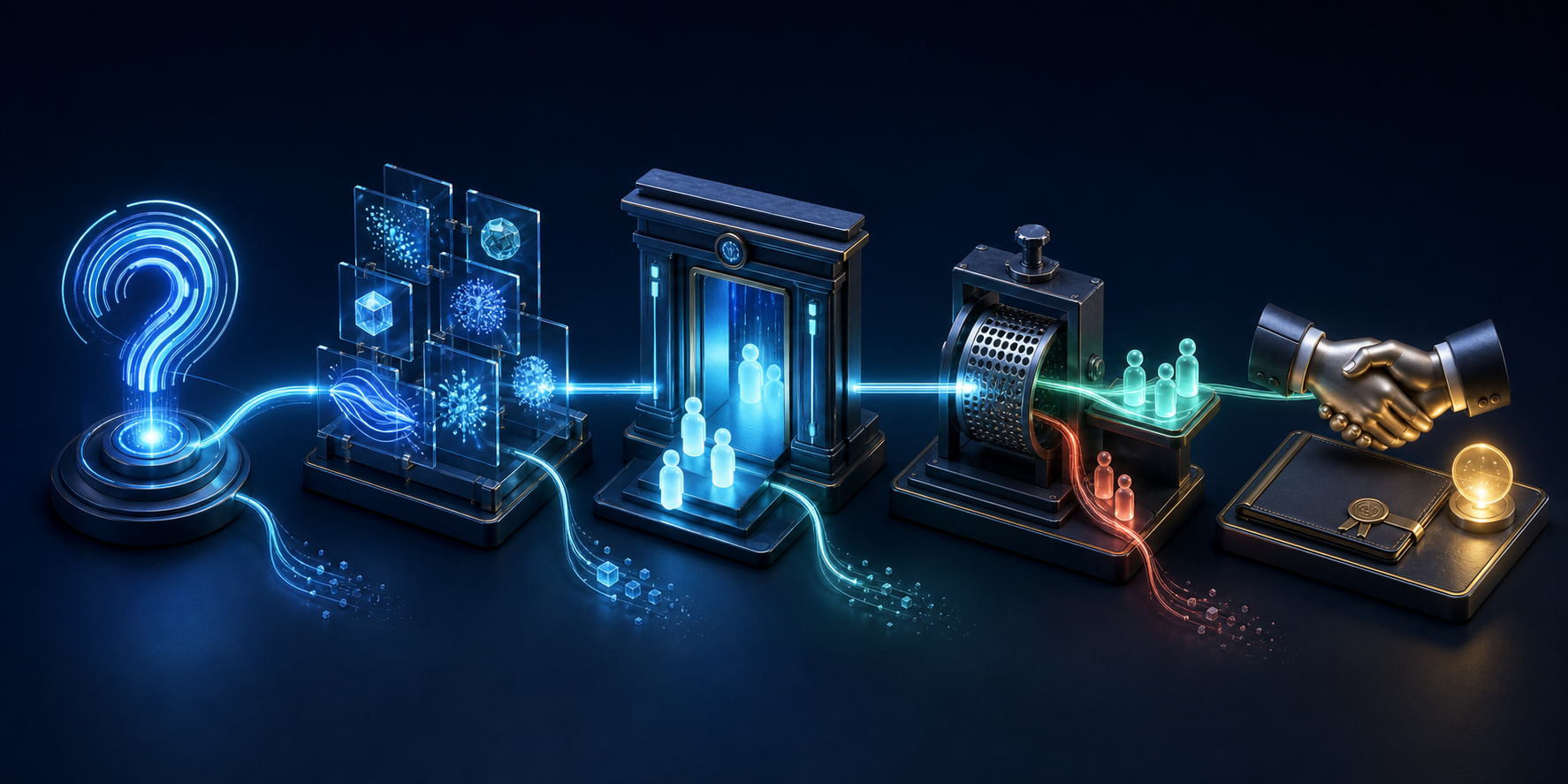 A luminous thread connects an abstract AI question, answer panels, website visits, lead qualification and a completed business agreement.