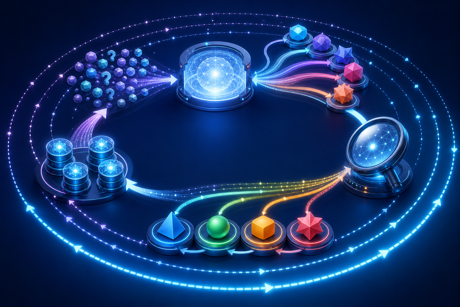 A circular system moves abstract question tokens through an answer chamber, an observation lens, evidence markers, and refined source modules before looping back.