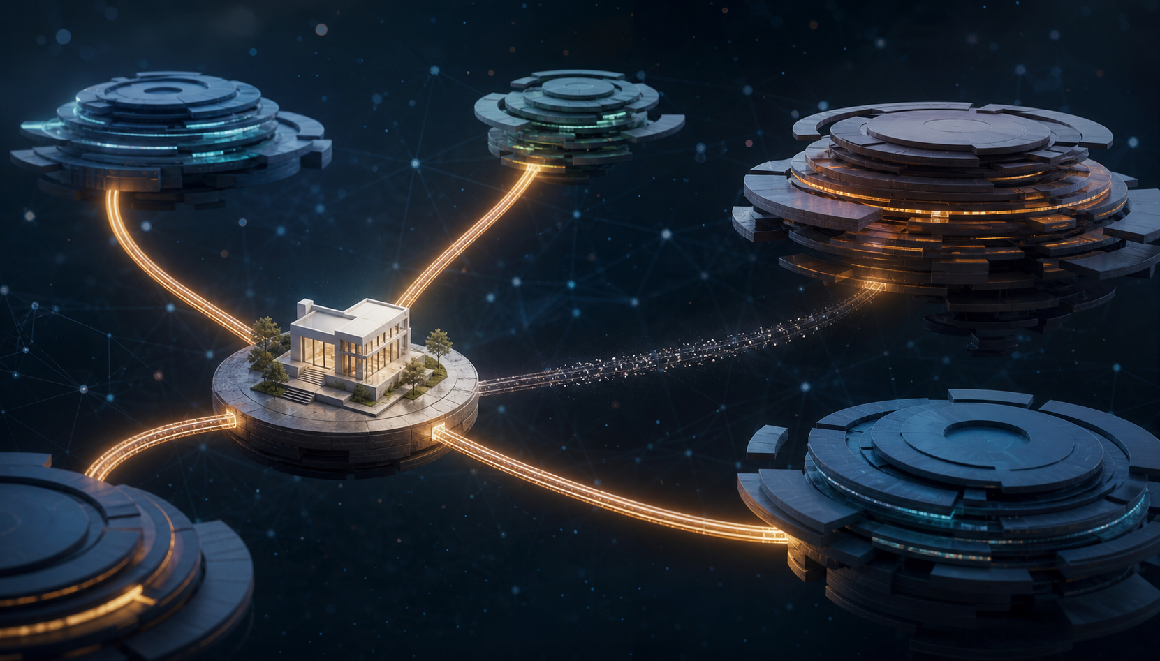 A central digital hub on a stable island connects by glowing paths to several shifting floating platforms, with one connection fading and others remaining active.
