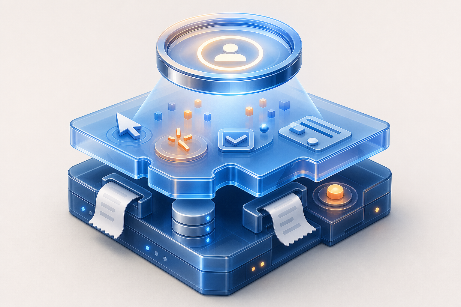 Two layers of website activity and backend transaction signals form a unified measurement foundation beneath an attribution lens.