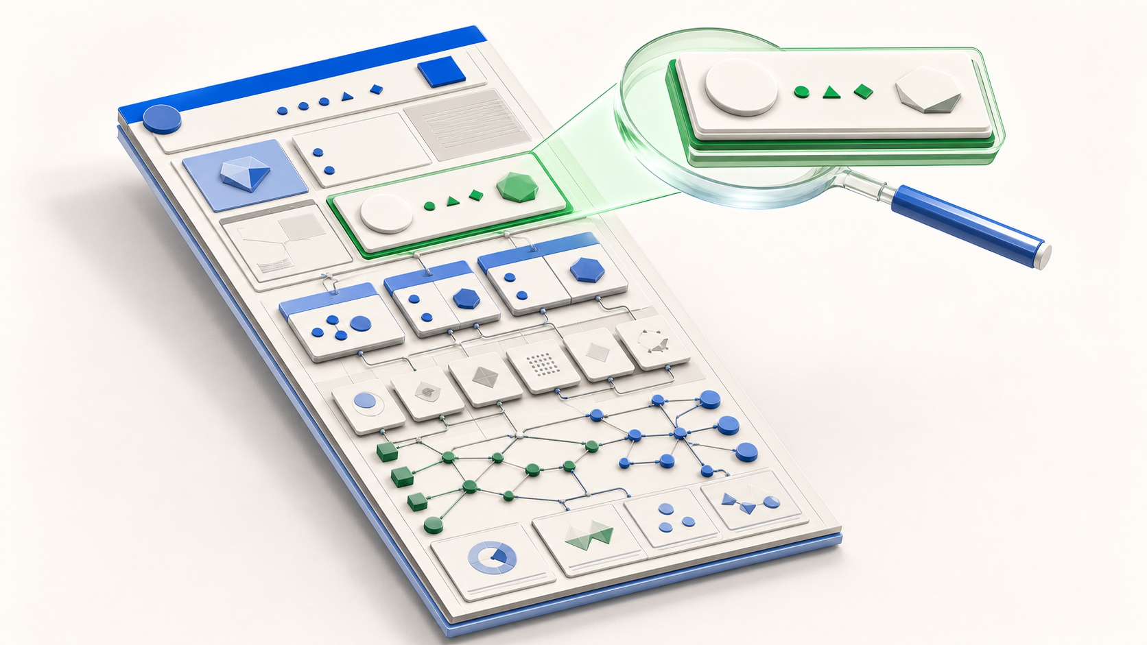 Cutaway illustration of a structured web page with an answer block supported by connected evidence and context.