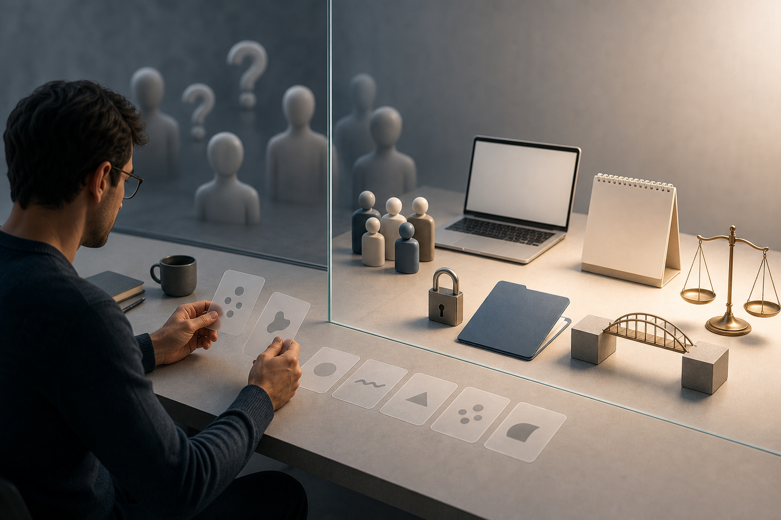 A researcher studies blank prompt cards beside concrete task and constraint objects, separated from blurred generic silhouettes by a glass divider.