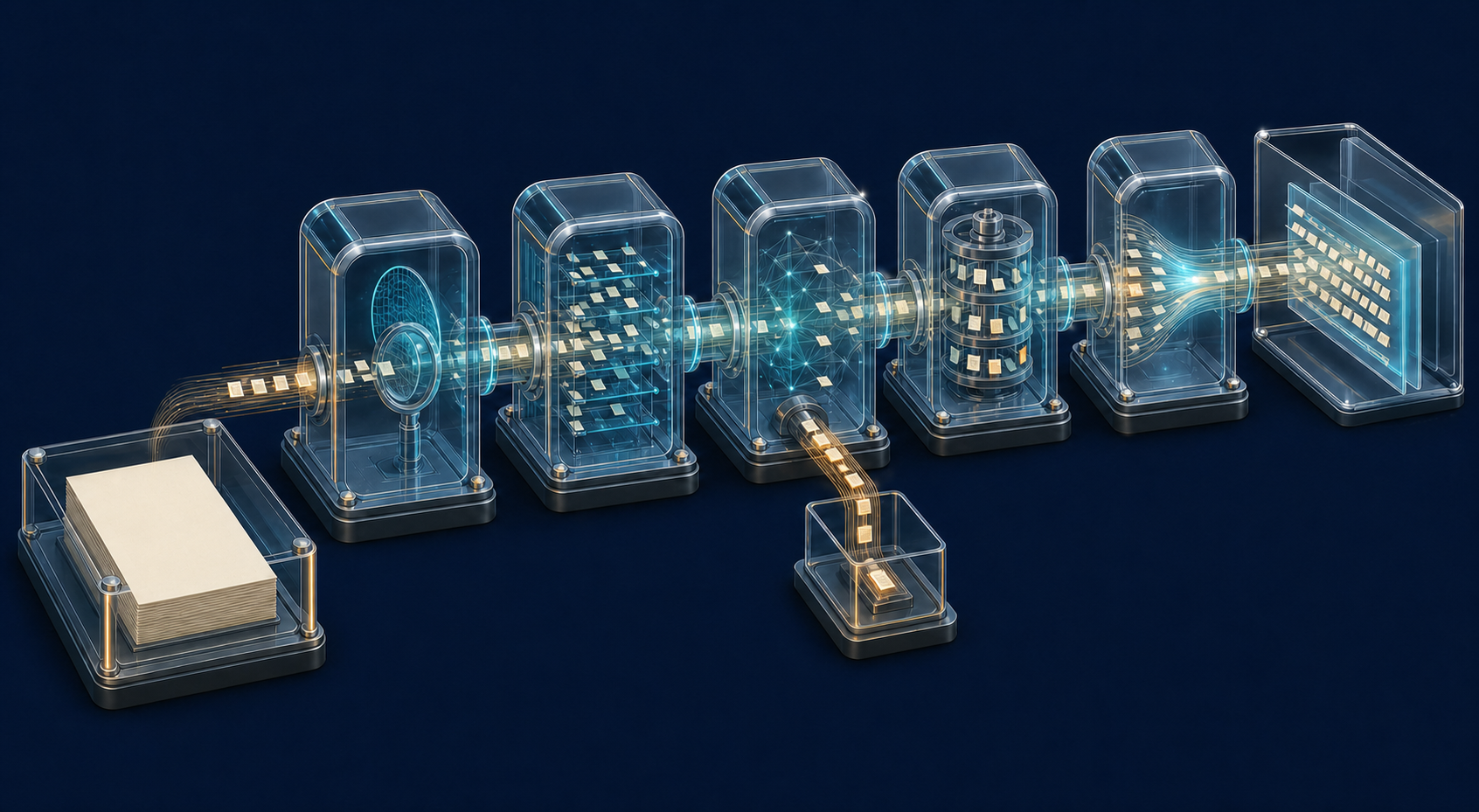 A source document feeds through a series of translucent processing chambers, where one content fragment is diverted before reaching the final output.