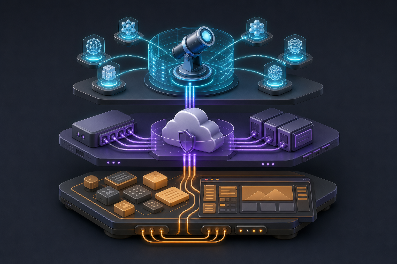 An isometric three-level system connects AI-search analytics, a cloud integration gateway, and modular web application components.