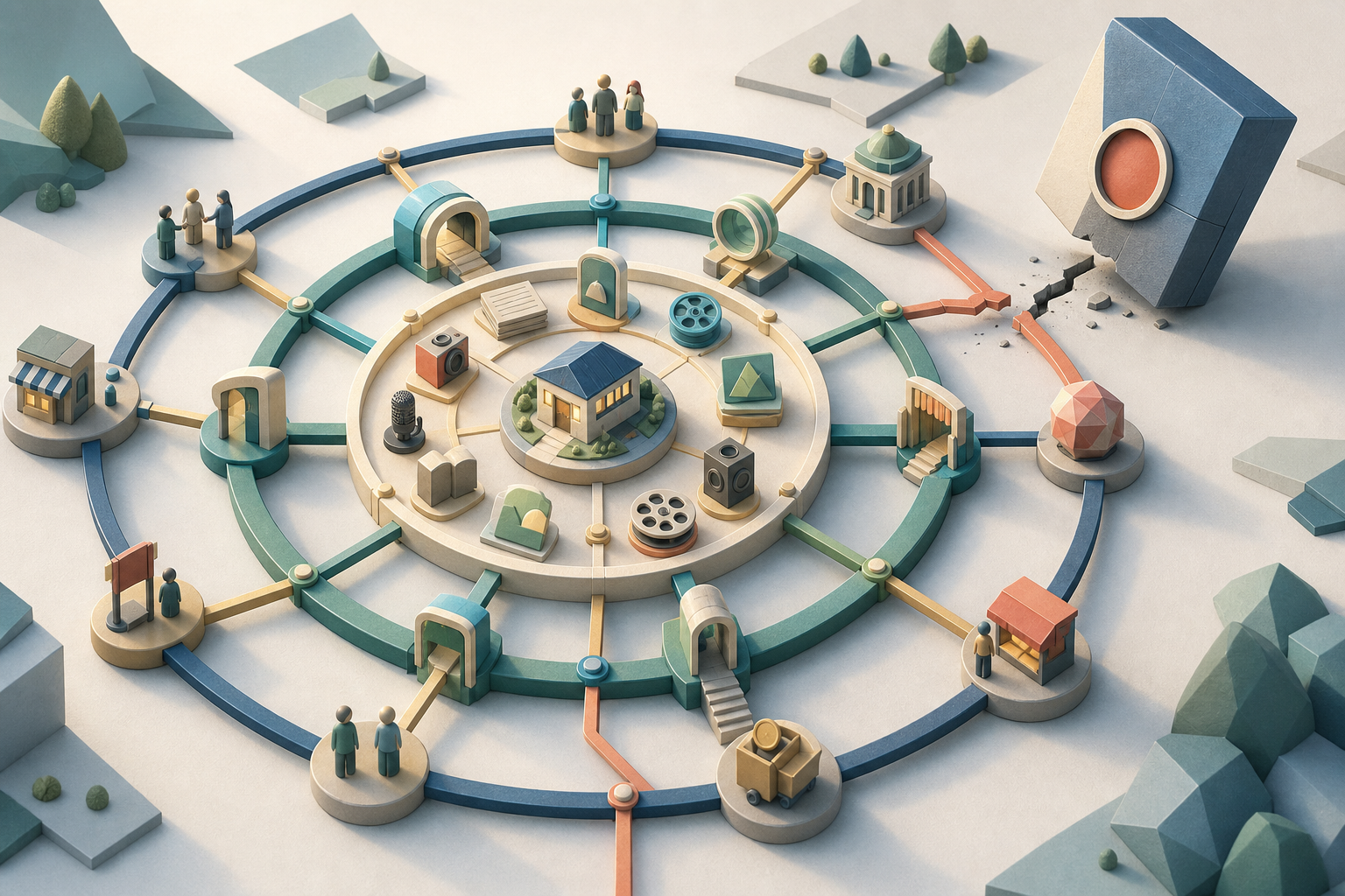 A business core is protected by concentric networks of content, discovery channels, and customer paths while one external platform disconnects.