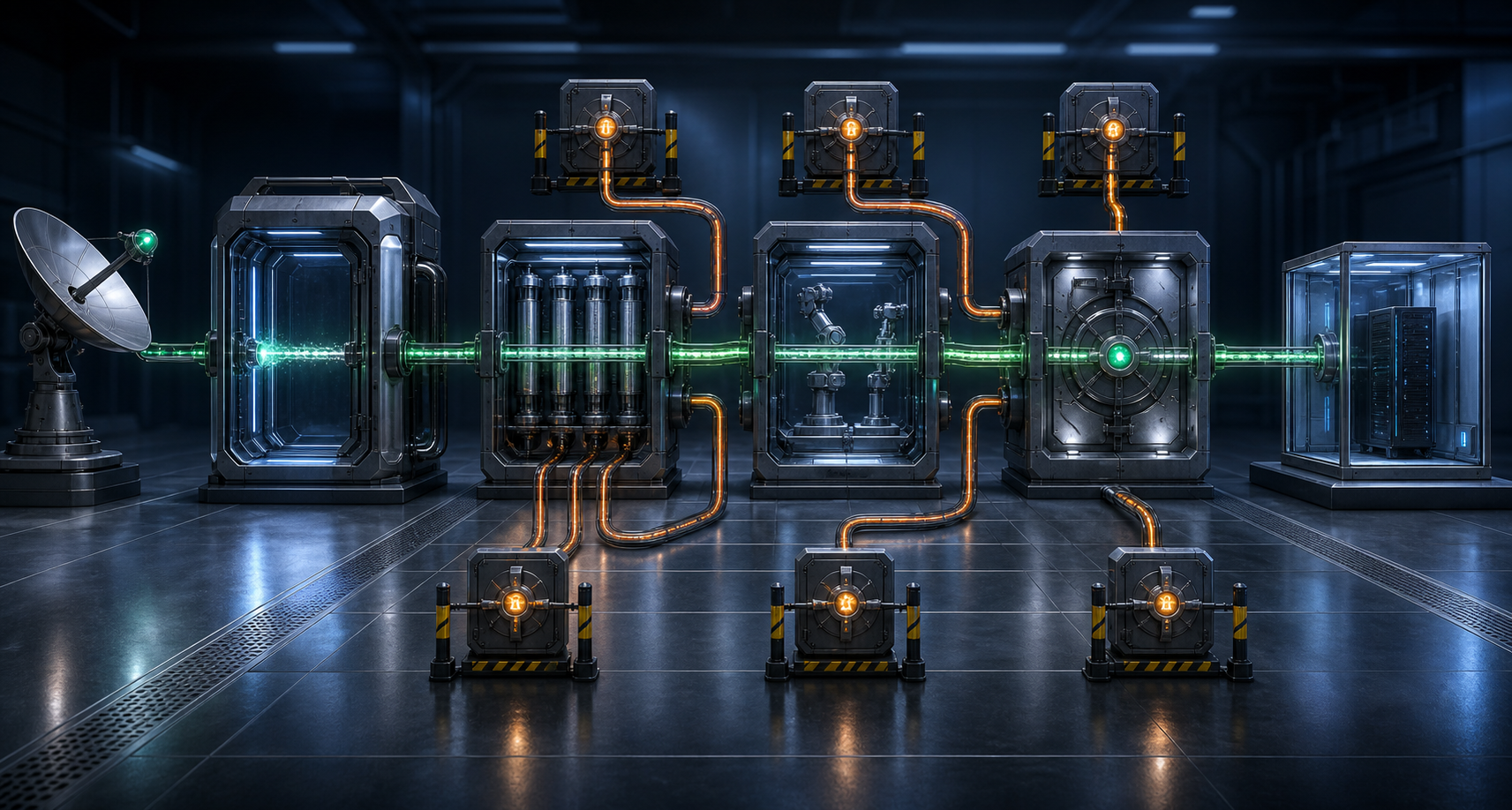 A data pipeline passes through privacy, validation, testing, monitoring, and final approval gates before reaching a production application.