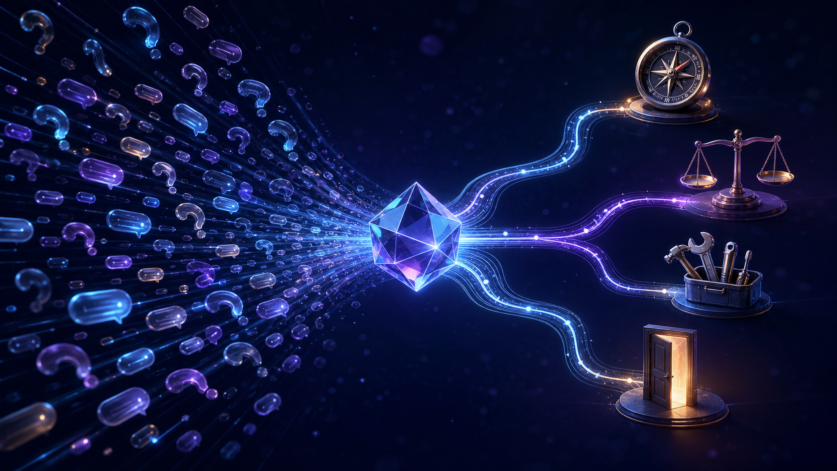 Abstract conversational fragments flow through a glowing central prism and emerge as organized paths toward symbols of different decisions.