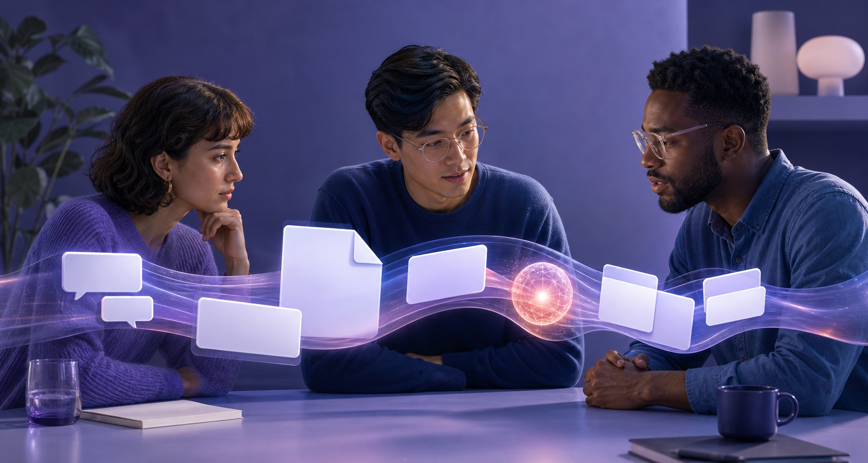 Three colleagues view connected message, document, task, and AI elements arranged in one shared workflow.