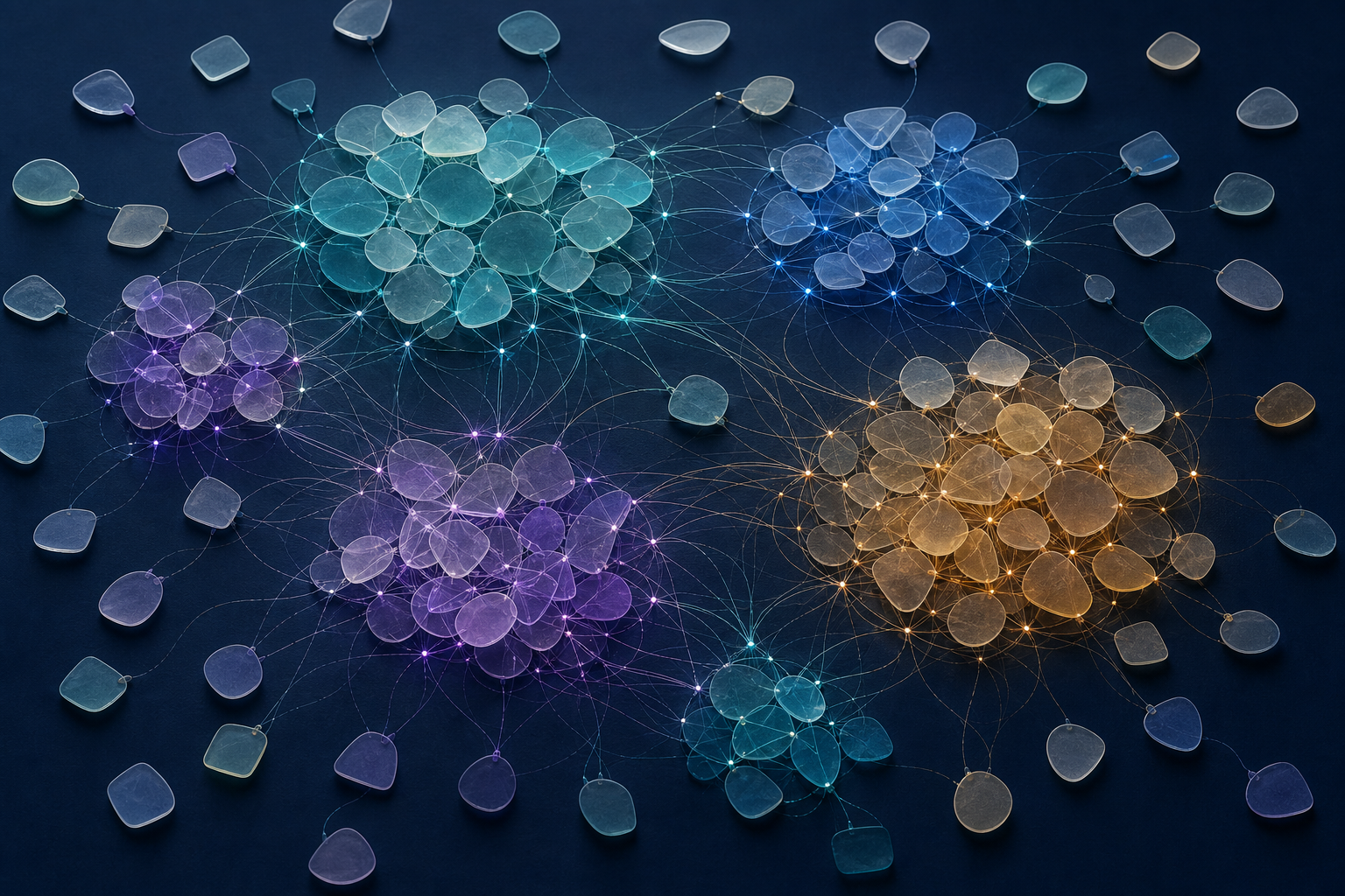 Overhead view of abstract prompt tokens grouped into connected clusters, with a few isolated pieces around the edges.
