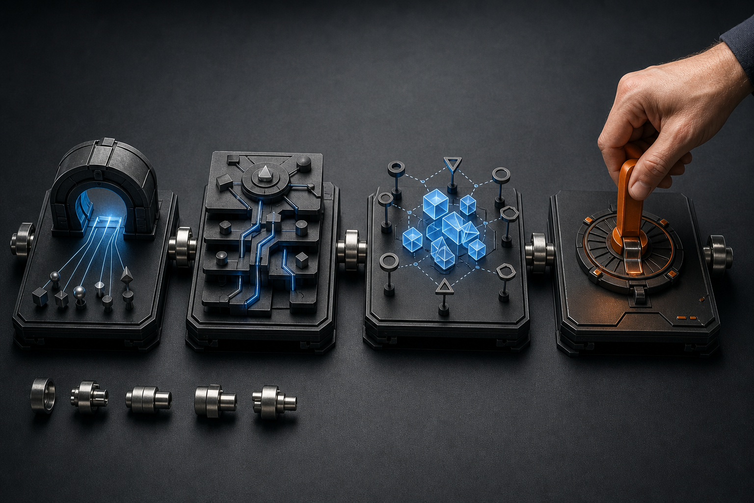 Four modular devices representing access, delivery, visibility, and action are connected in sequence on a dark investigation table.