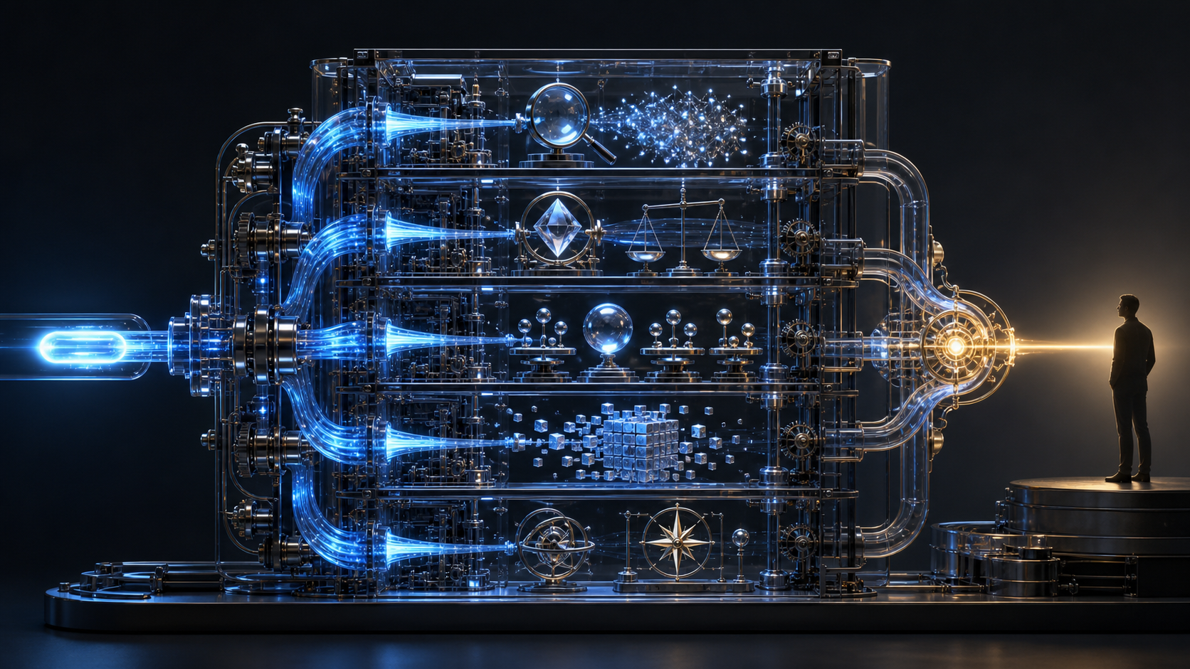 A glowing request passes through transparent chambers containing symbols for research, verification, comparison, and synthesis before reaching a person.
