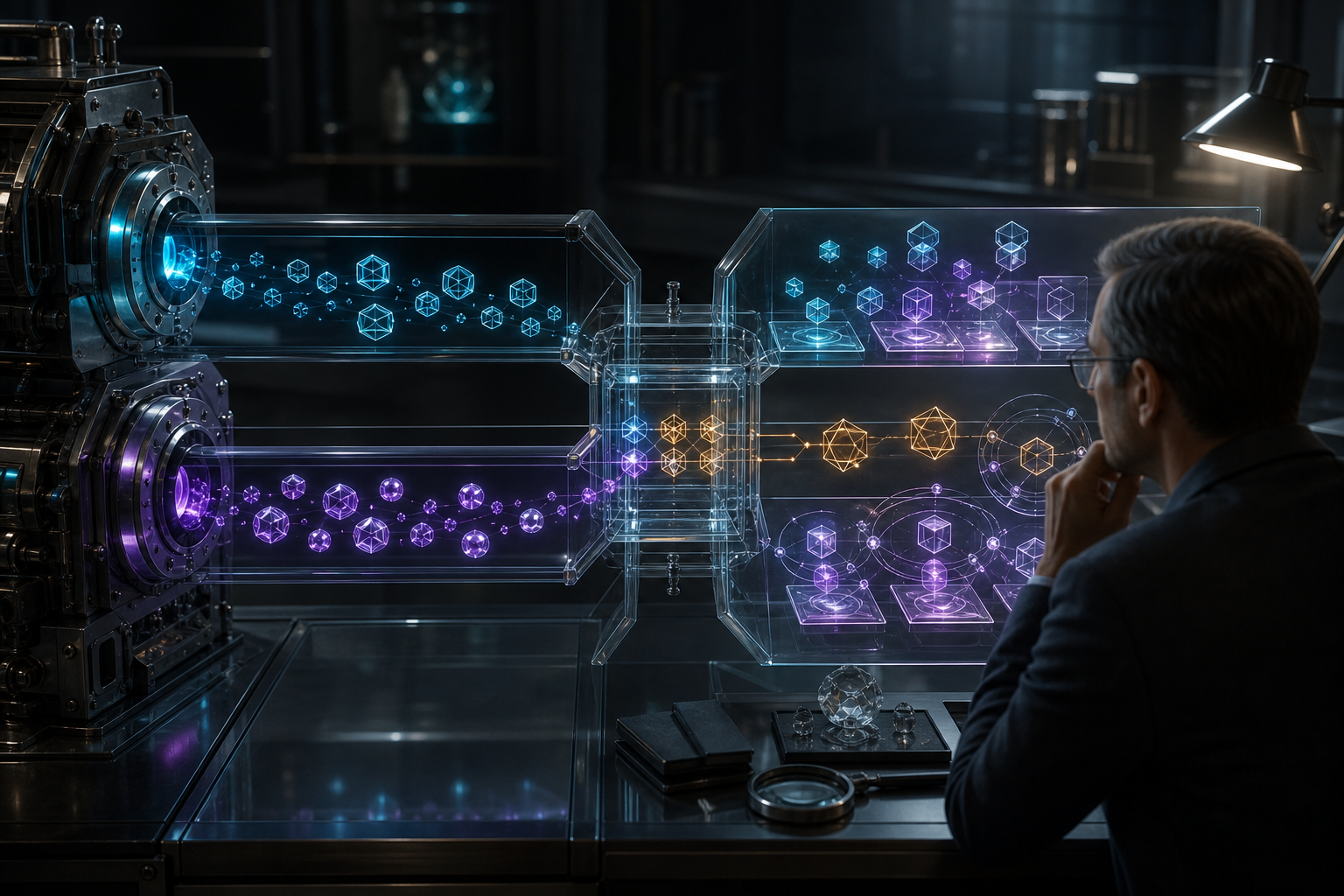 Separate cyan request tokens and violet citation nodes meet at a transparent matching surface while an analyst compares the joined evidence.