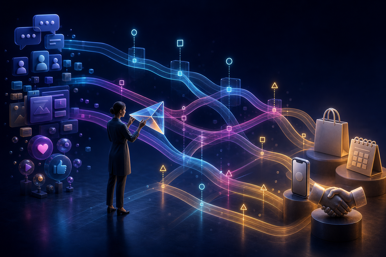 An analyst examines overlapping translucent paths between AI response signals and several business outcome objects.