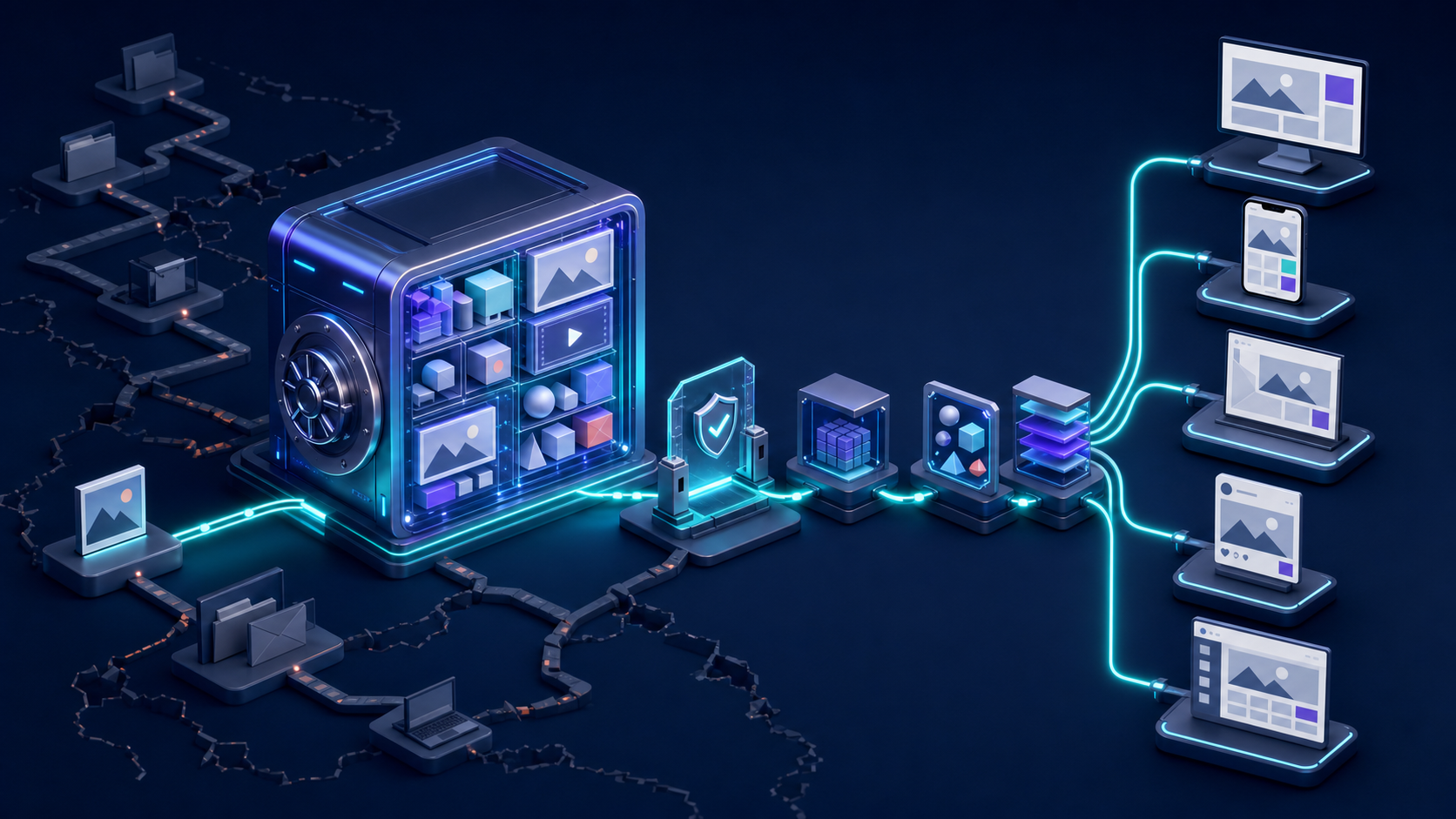 An organized digital asset vault connects through secure transformation modules to several unbranded publishing channels.