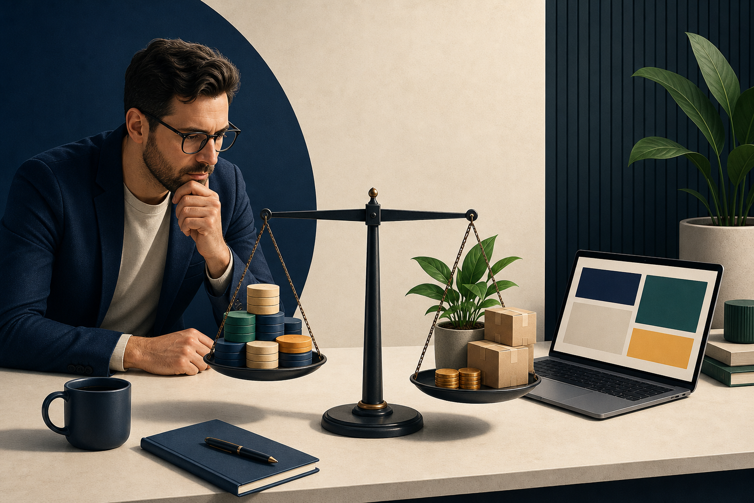A marketer at a desk evaluates a balance holding advertising tokens on one side and products, coins, and a plant on the other.