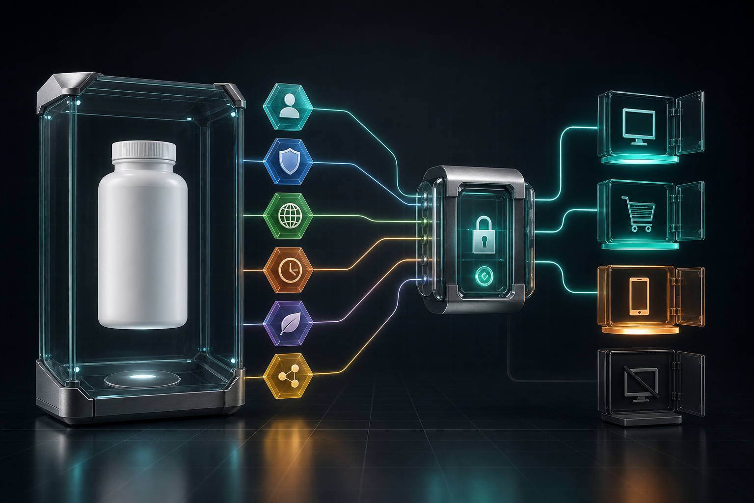 A protected digital asset is surrounded by structured rule tokens linked to a validation gate and several publishing destinations.