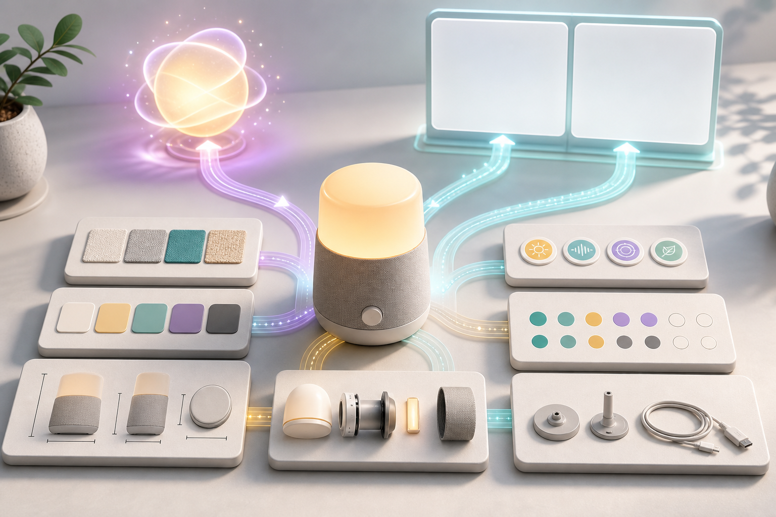 A generic product is surrounded by organized attribute tiles that connect to an AI answer and a product comparison display.