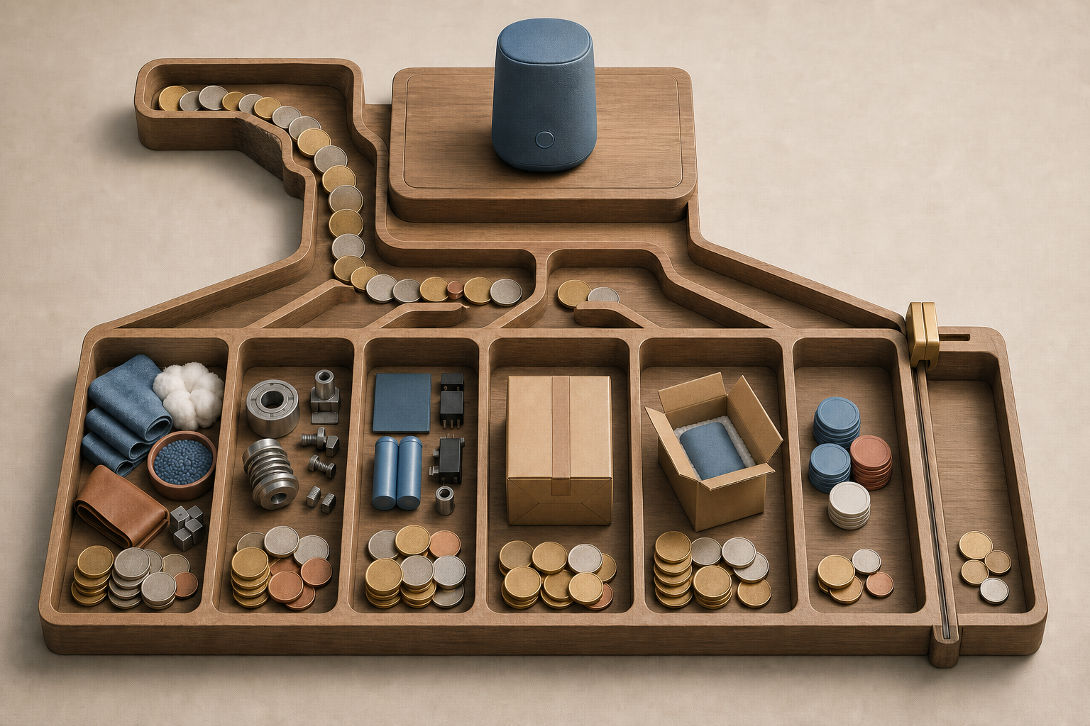An isometric workbench divides revenue from one product into production, shipping, returns, fees, profit, and advertising reserves.
