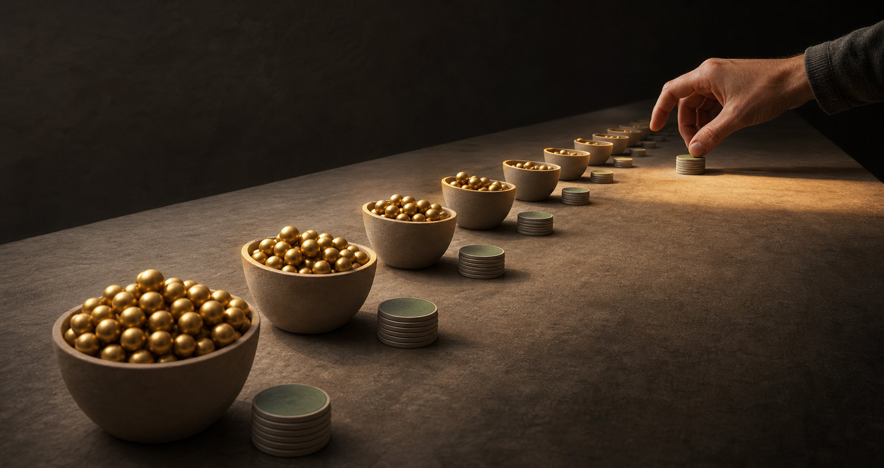 Equal stacks of advertising tokens produce progressively smaller returns across a row of vessels as a hand considers the next investment.