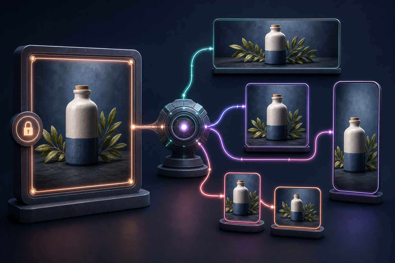 One approved bottle image branches into wide, square, vertical, and thumbnail variants while remaining connected to the master asset.