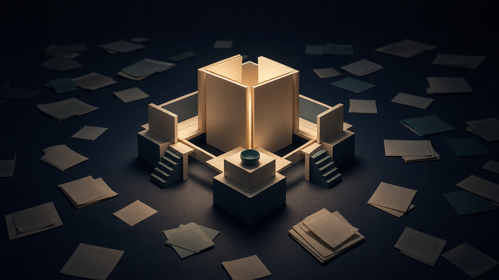 A compact group of connected ivory panels forms a brightly lit structure while many loose sheets fade into the dark background.