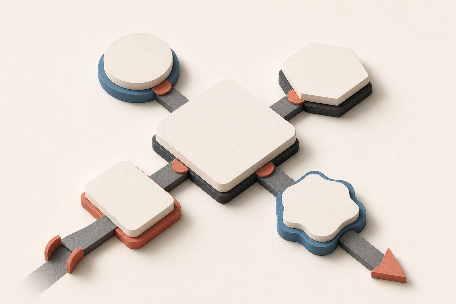 Five blank page-like tiles form a compact connected system with one central tile and four supporting tiles.