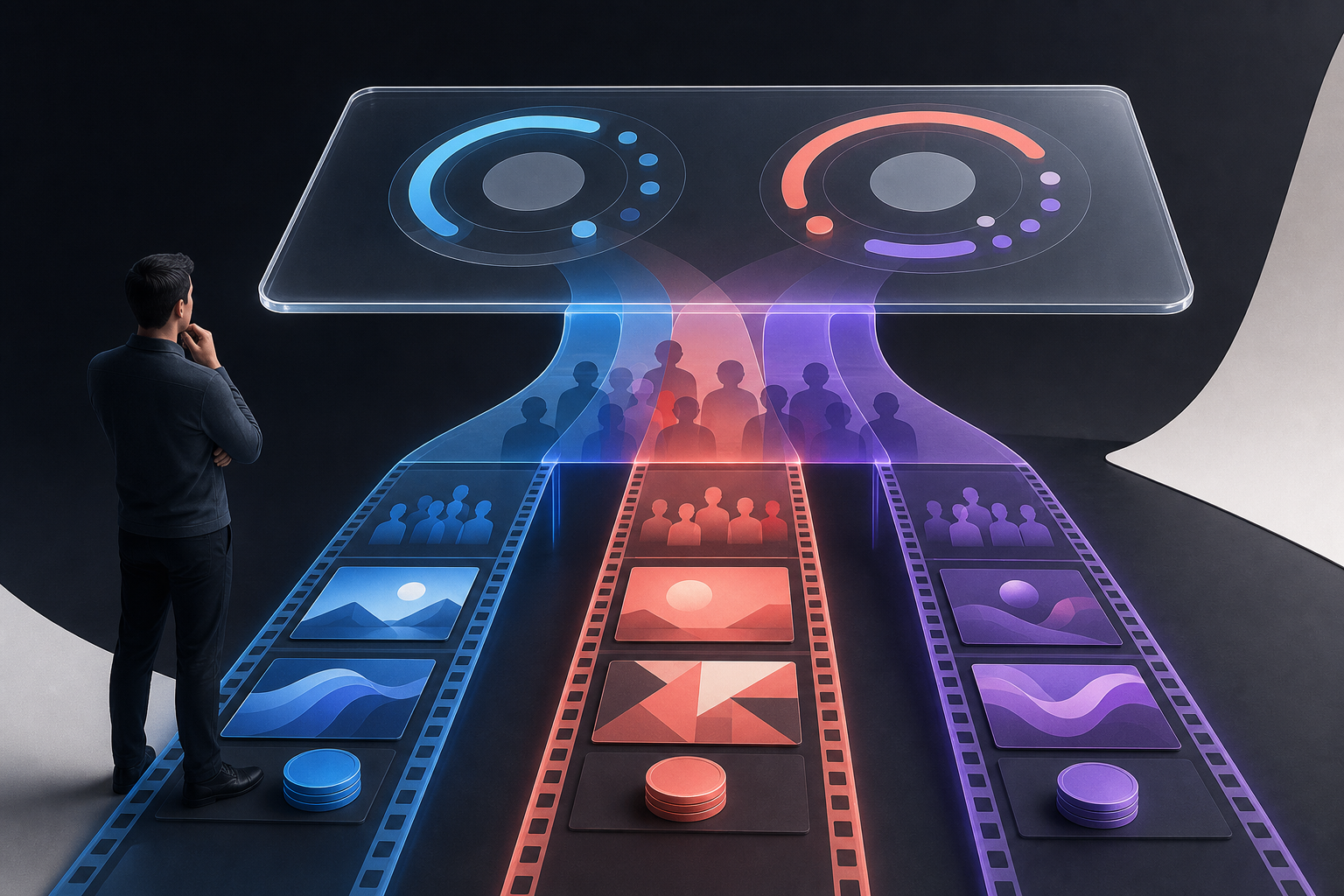 Several video campaign pathways with separate controls converge beneath a shared layer showing combined audience overlap and exposure indicators.
