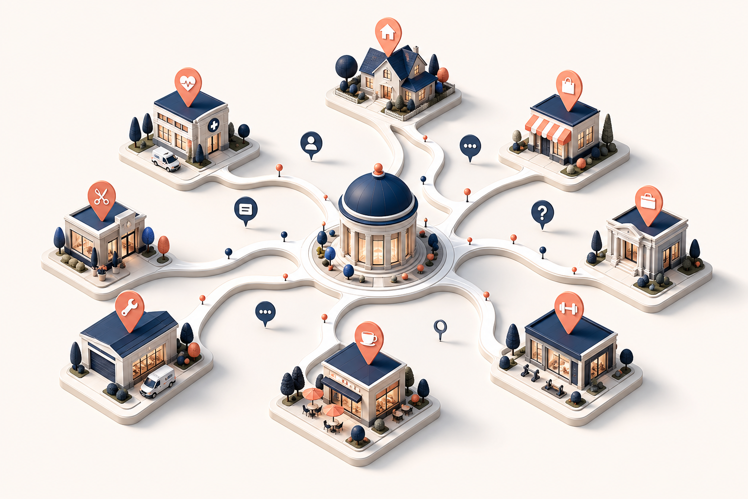 A stylized miniature city map with distinct neighborhood blocks connected by branching paths to a central hub.
