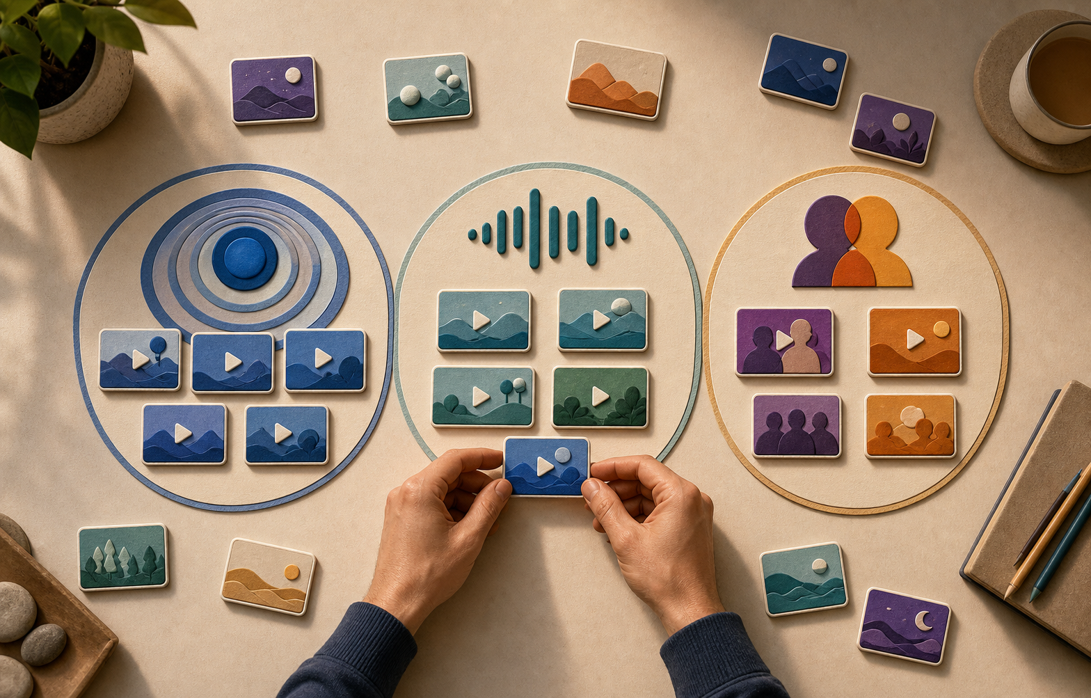 Hands sort video campaign tiles into separate groups represented by reach, frequency, and audience-overlap symbols.