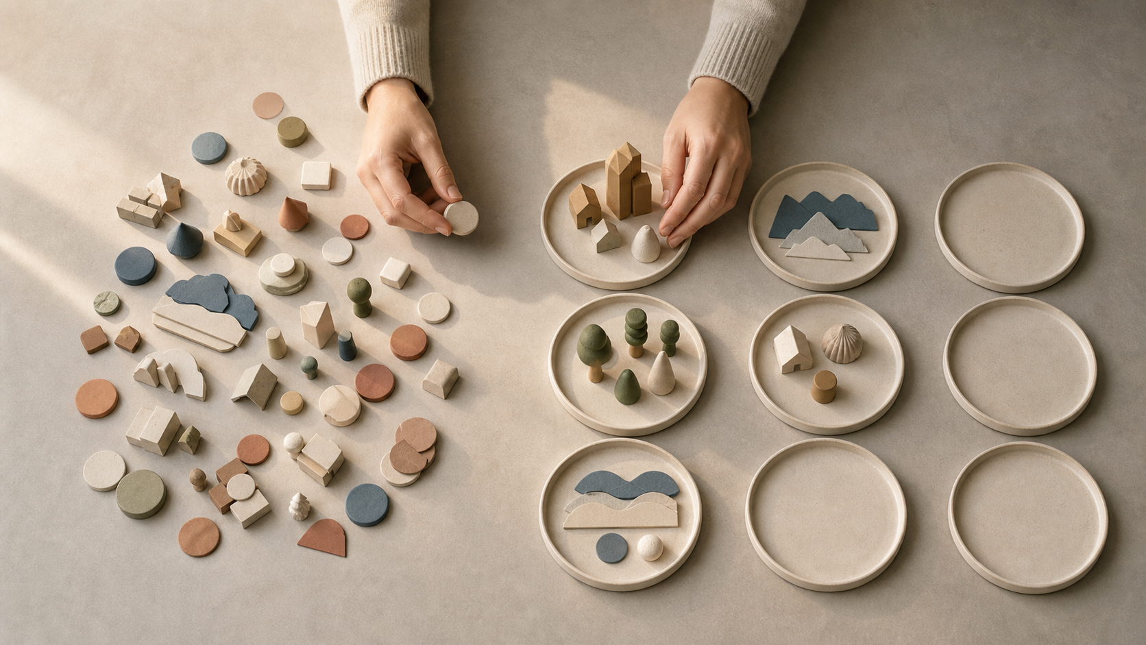 Hands sort small service, location, and question objects into a few separate circular trays on a desk.
