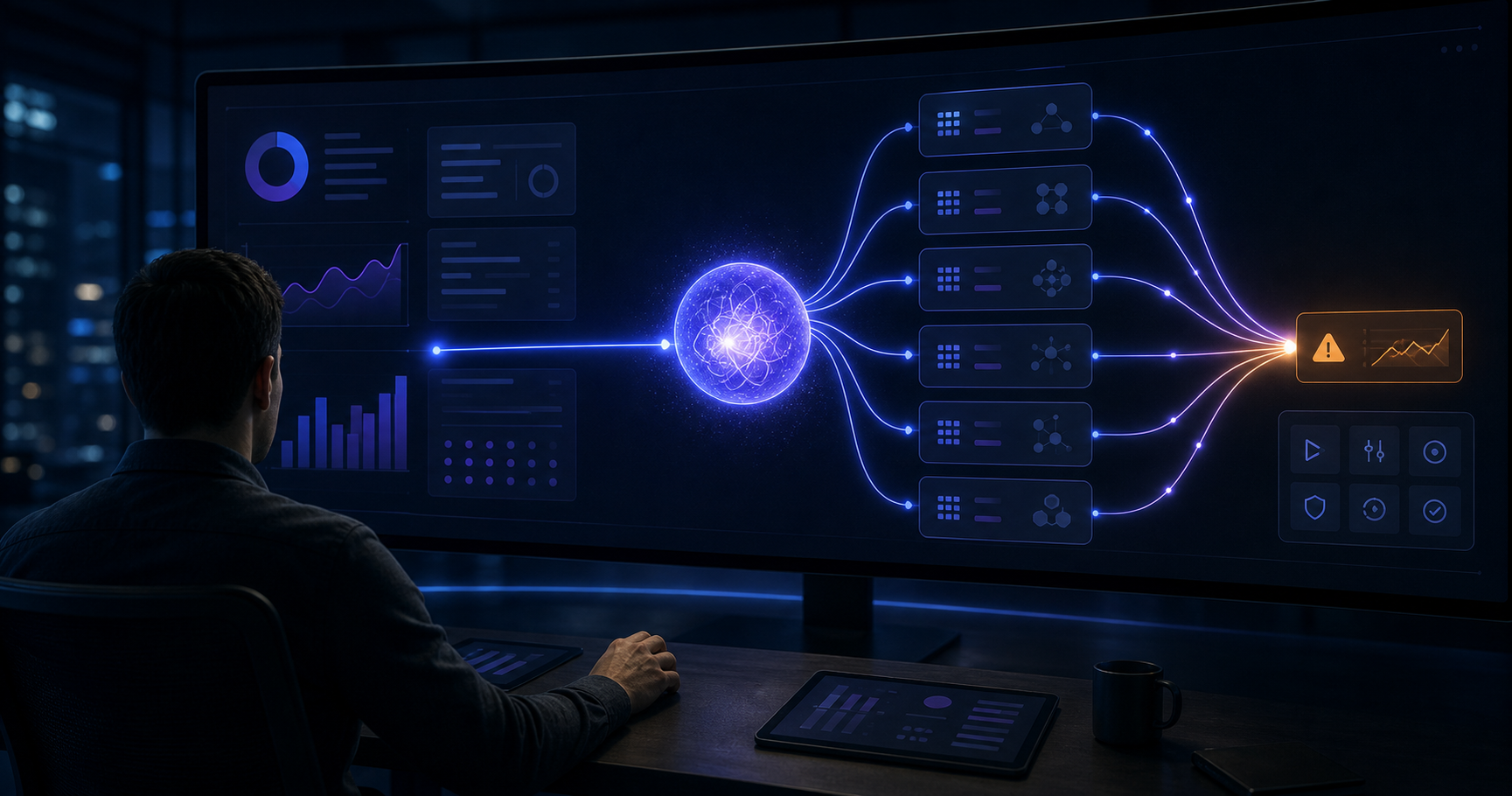 A publisher revenue analyst uses a glowing conversational assistant to trace system signals to a highlighted anomaly and operational controls.