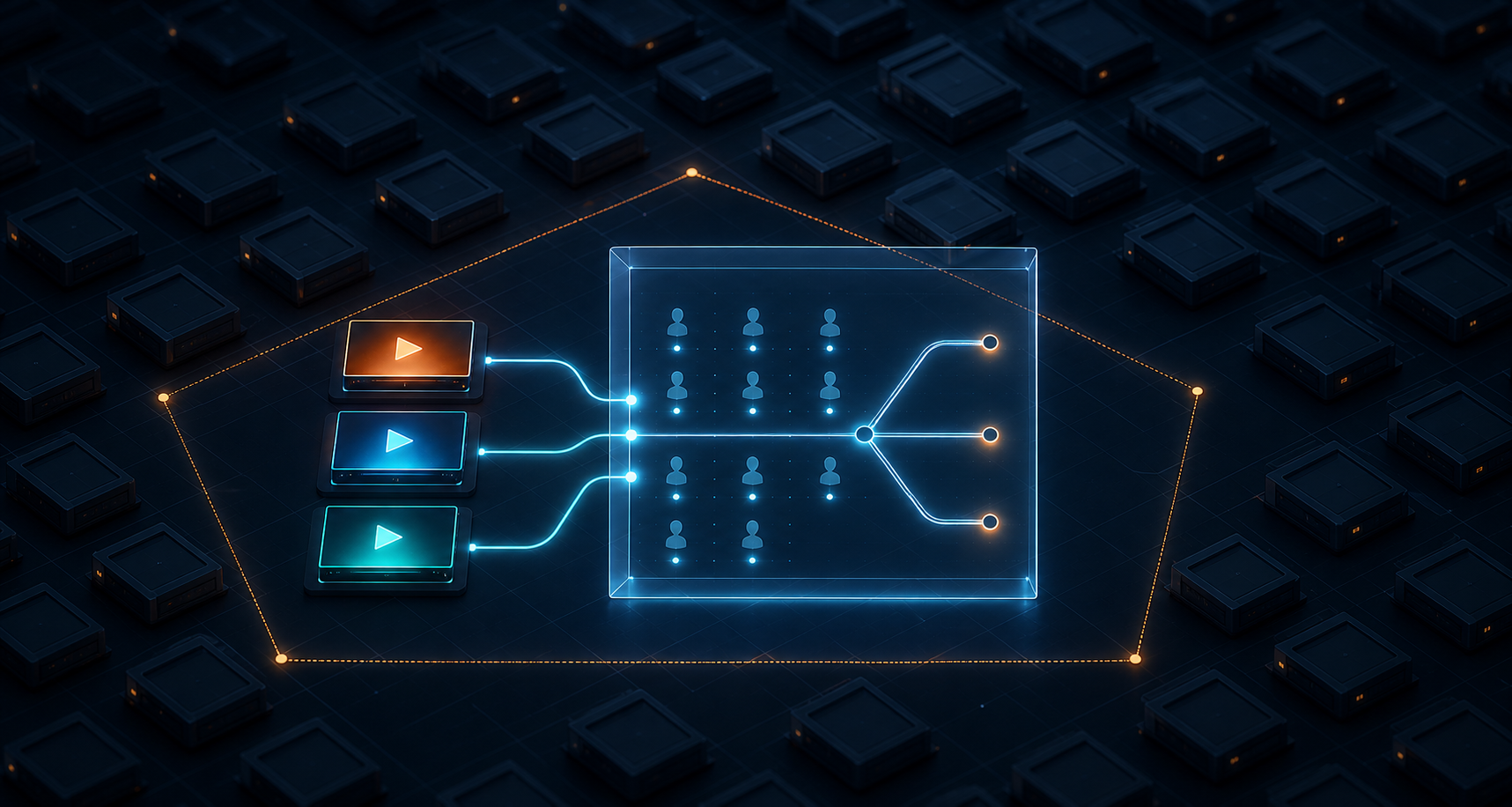 A small group of active video campaign modules is measured inside a controlled test area while additional modules remain inactive outside it.