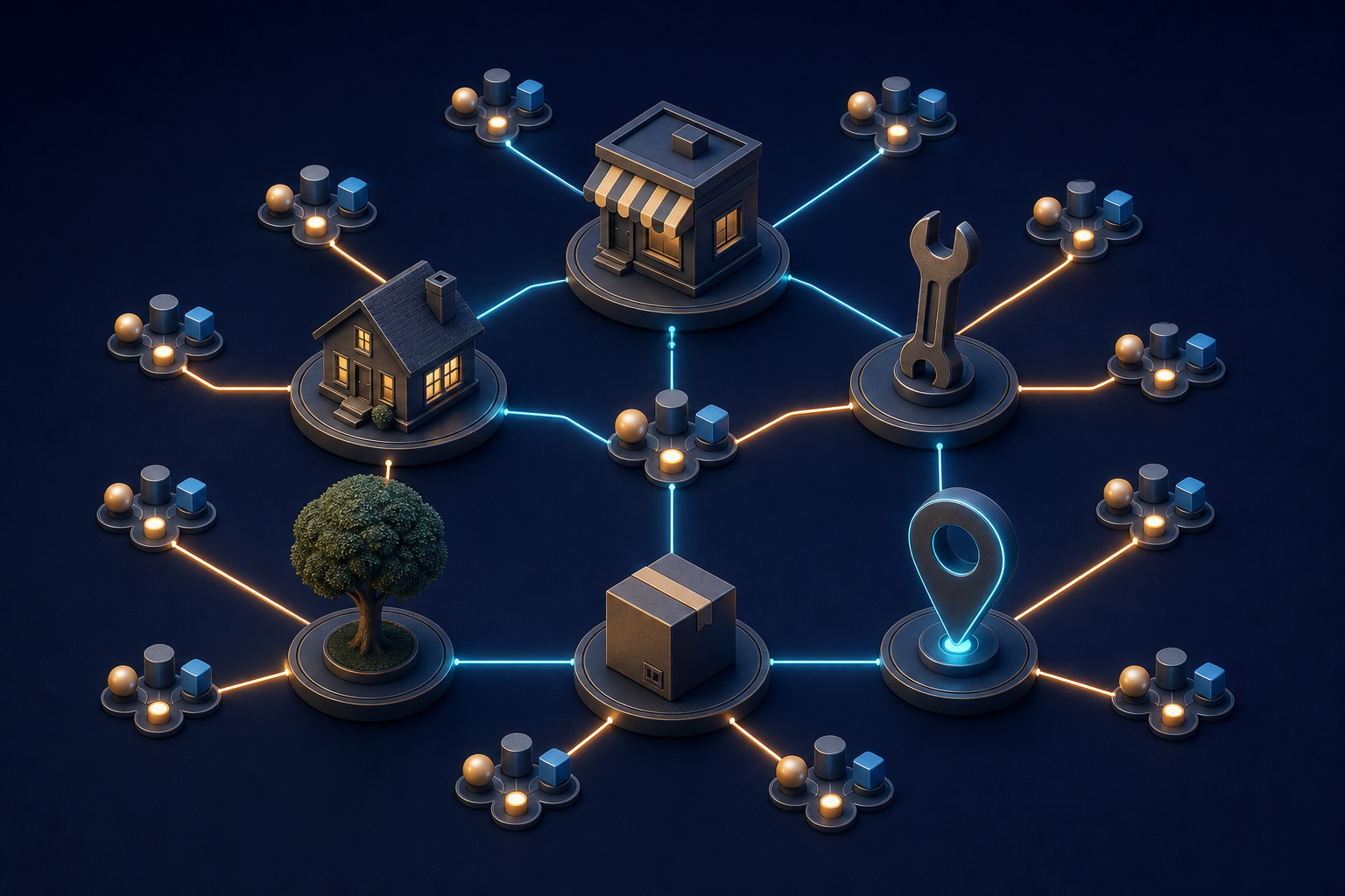 A three-dimensional network connects generic storefront, home, tool, tree, parcel, and location-marker objects in orderly branches.