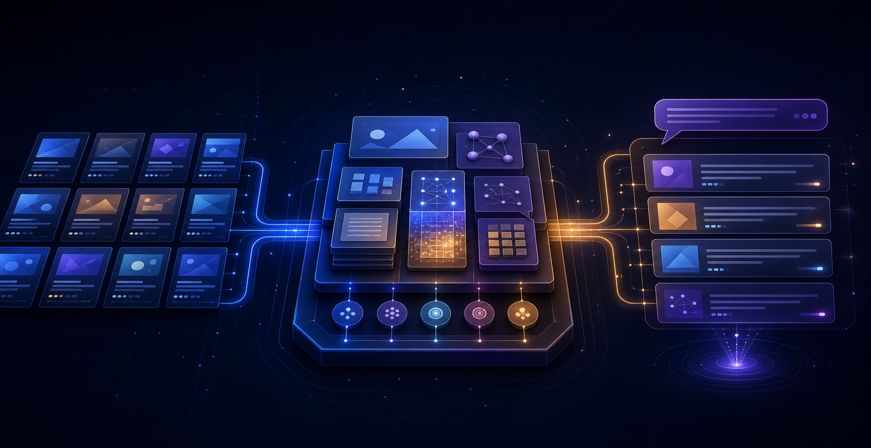 A central content system branches toward ranked search result tiles on one side and a conversational answer interface on the other.