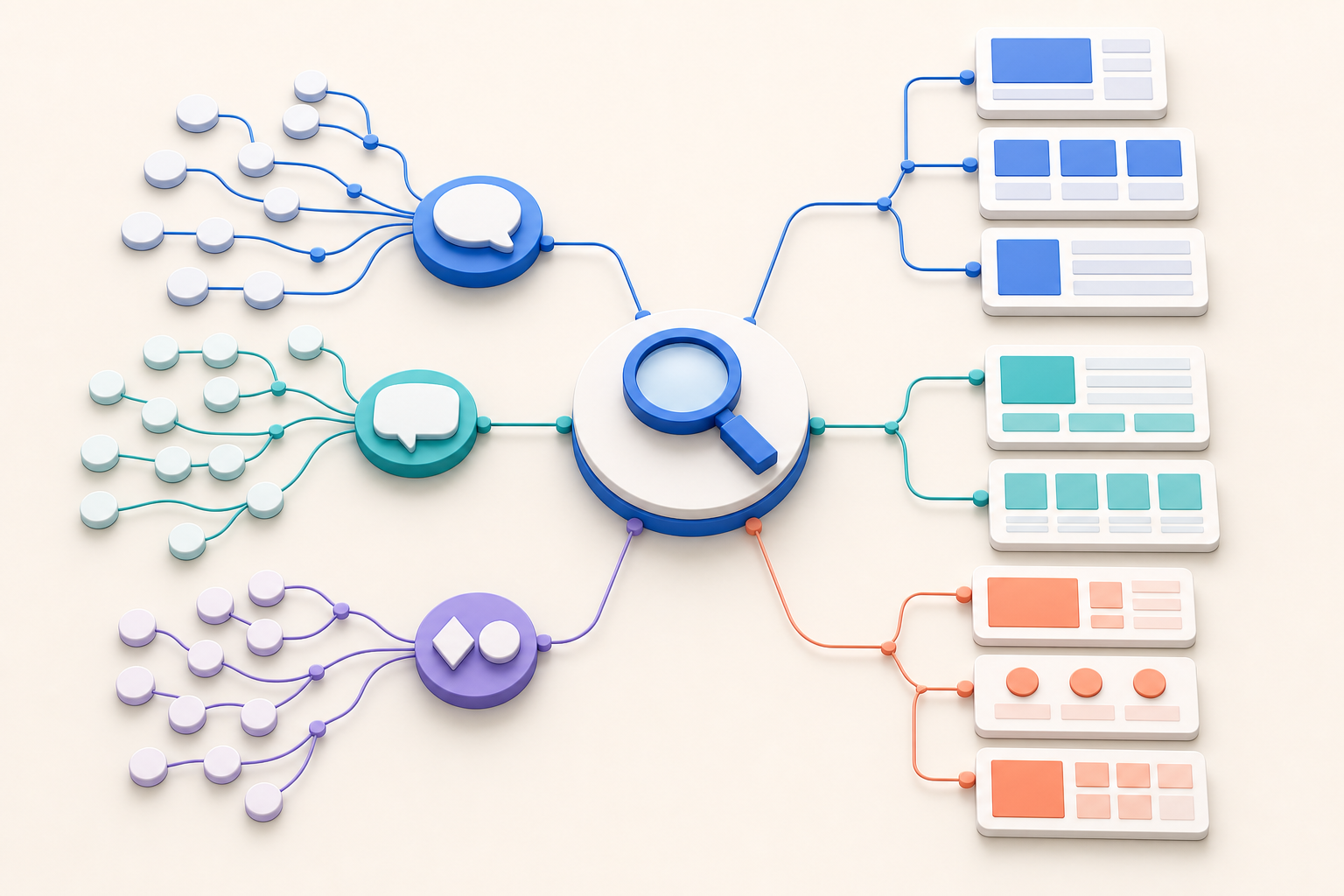 Connected search, question, conversation, comparison, and page icons form organized clusters around a central user-intent node.
