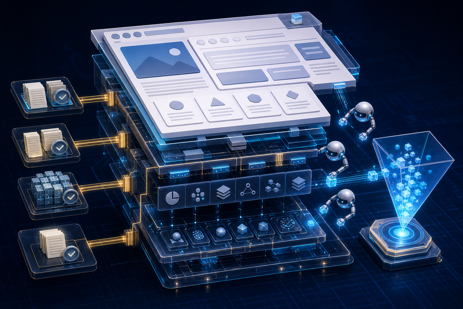 A cutaway web page shows structured sections, evidence modules, metadata layers, and retrieval agents carrying source fragments into an answer interface.
