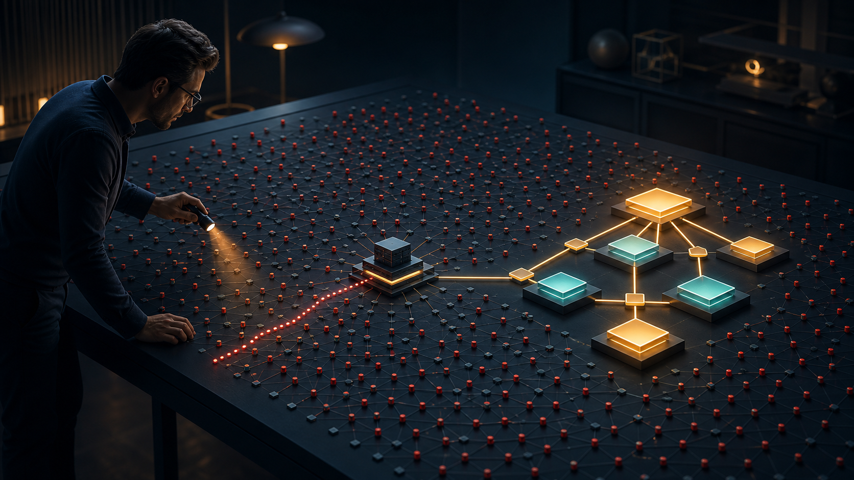 A technical lead traces a repeating fault from a few illuminated webpage tiles to a shared infrastructure node while many small warning markers cover the surrounding workbench.