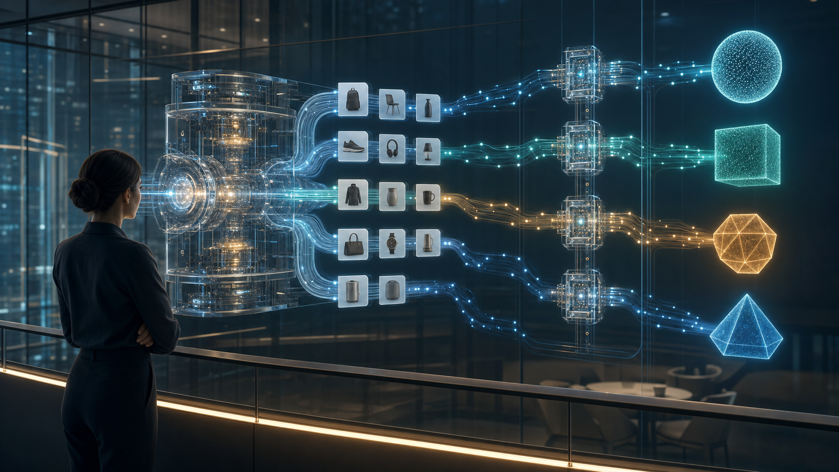 An analyst supervises a branching advertising automation system while a parallel network records decisions and connects them to separate outcome signals.