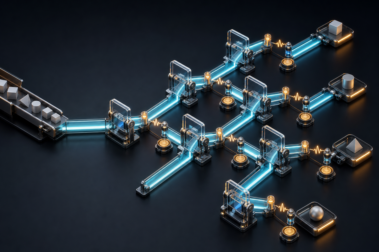 Transparent routing gates direct product-shaped objects along illuminated paths while sensors record each decision point.
