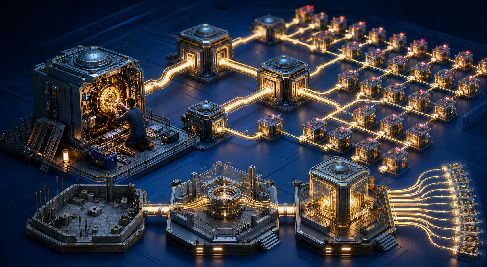 A technician repairs one shared website template hub that feeds many connected page modules, with maintenance stations arranged in sequence beside the network.