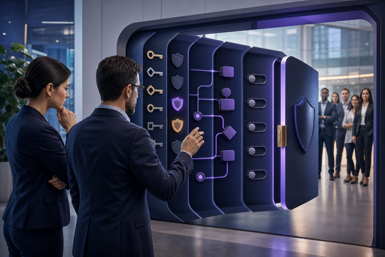 Two administrators review abstract permissions and workflow controls before opening access to a larger team.