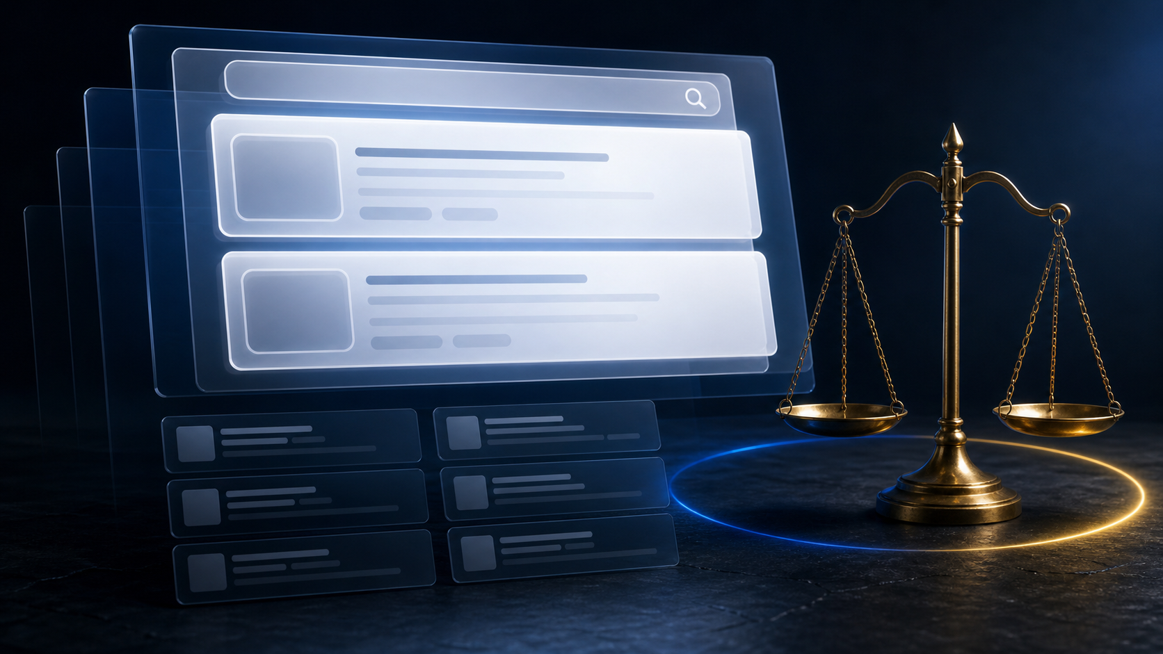 A balance scale stands beside layered search-result panels, with large bright modules above smaller results under blue and gold light.