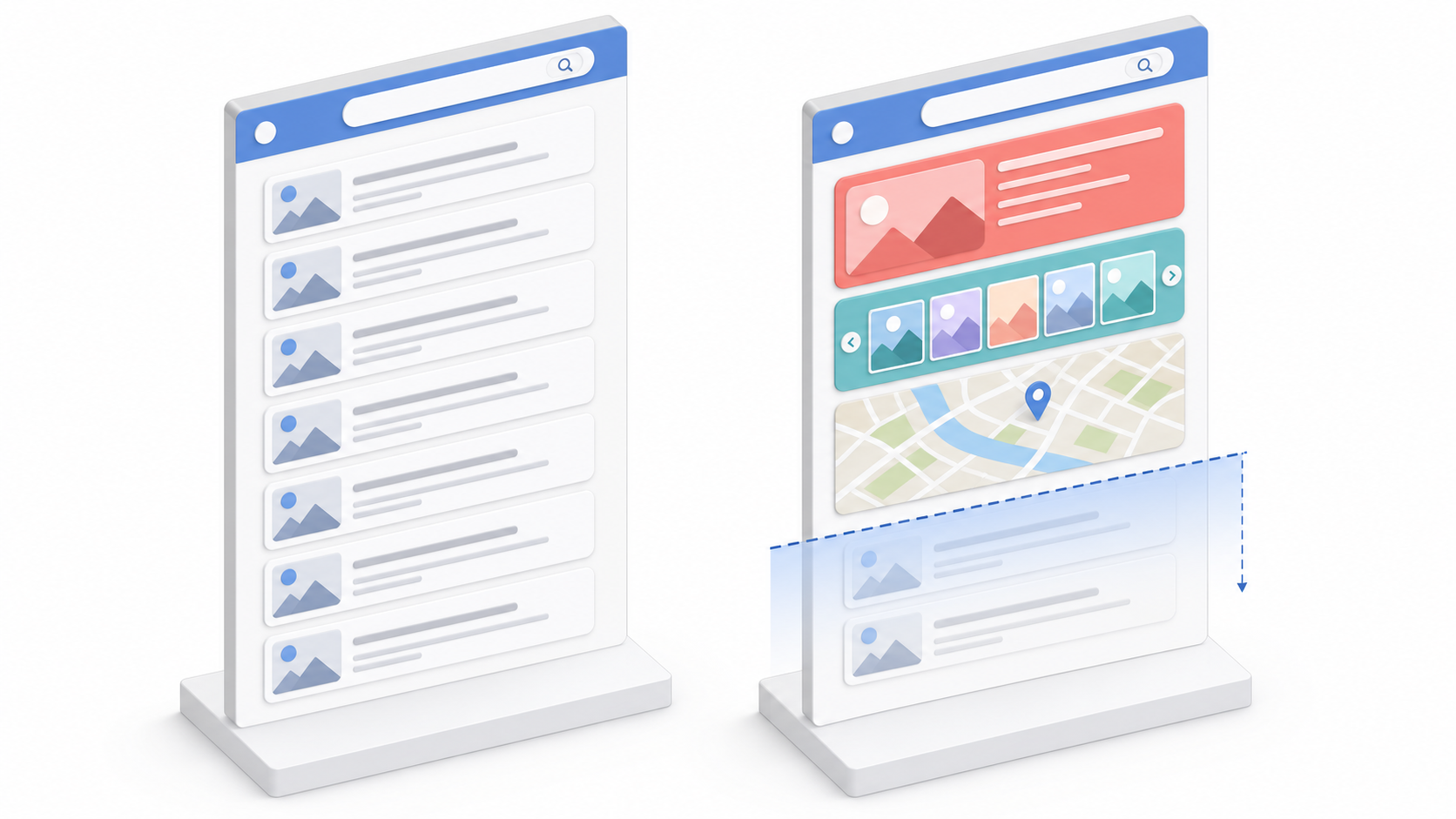 Two search-result layouts show identical result cards, but large interface modules push most cards below the visible area on the second screen.