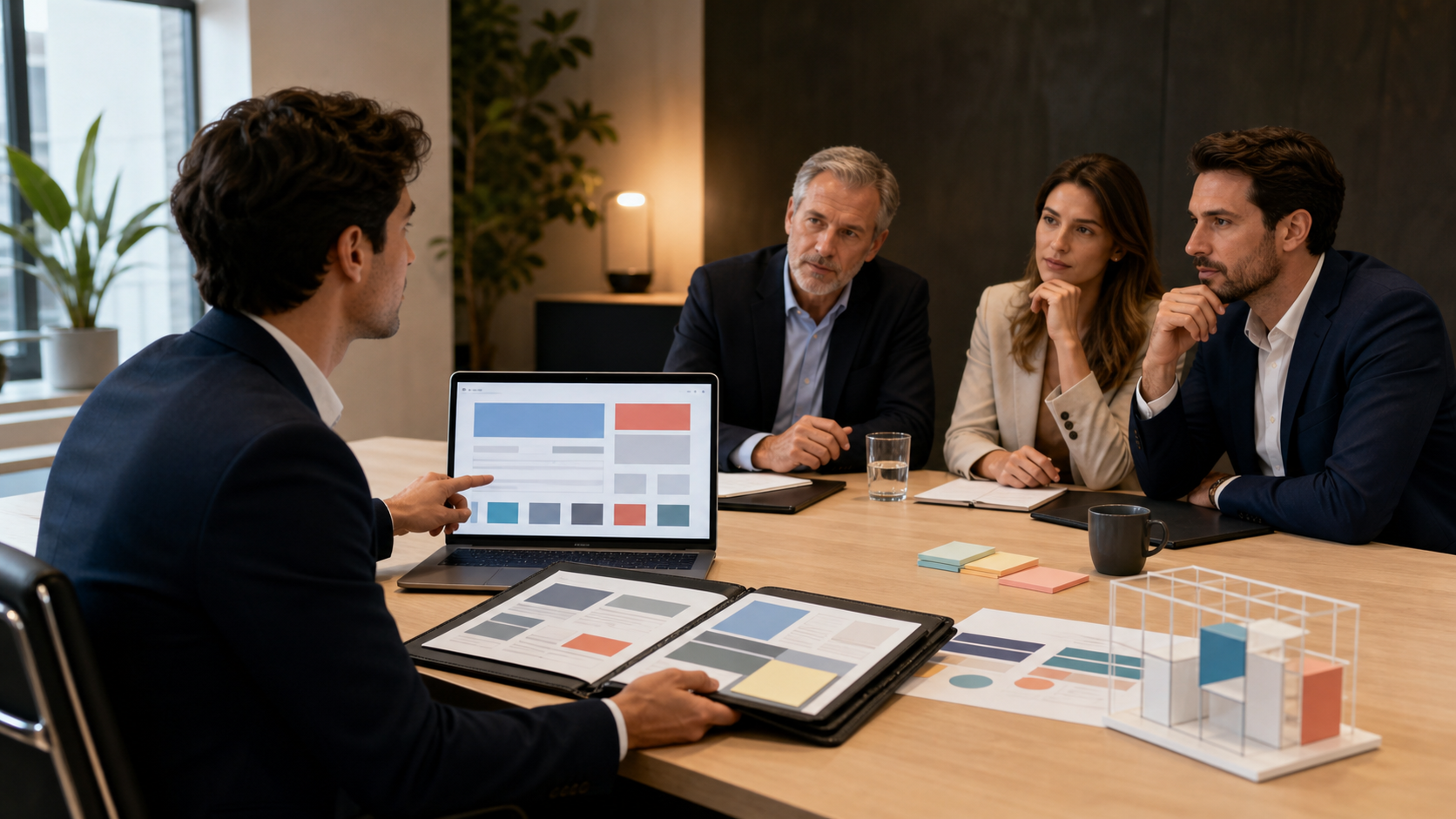 An SEO job candidate presents an organized evidence portfolio and abstract website analysis to a three-person interview panel.