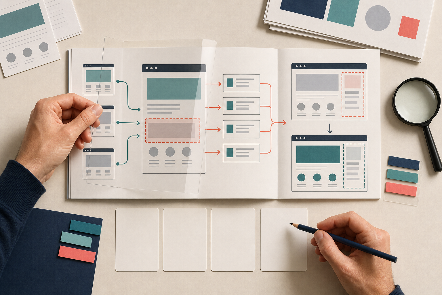 Hands assemble a case-study booklet with abstract website wireframes, overlays, arrows, and blank prioritization cards on a desk.