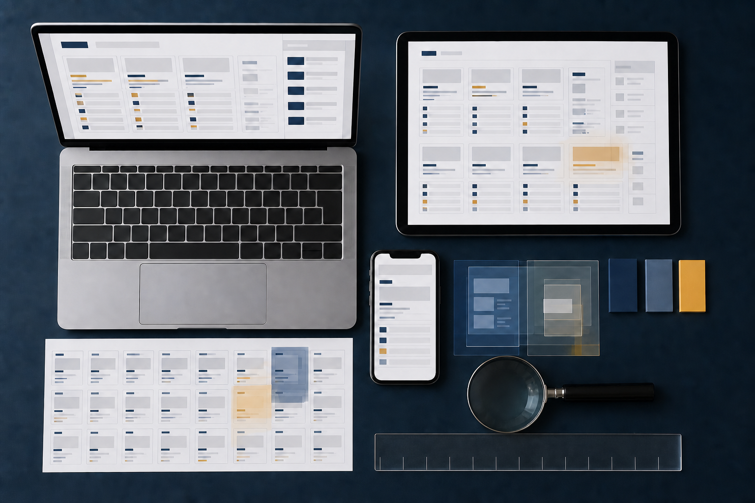 A laptop, tablet, phone, page thumbnails, ruler, markers, and magnifying glass are arranged for comparing search-result layouts across devices.